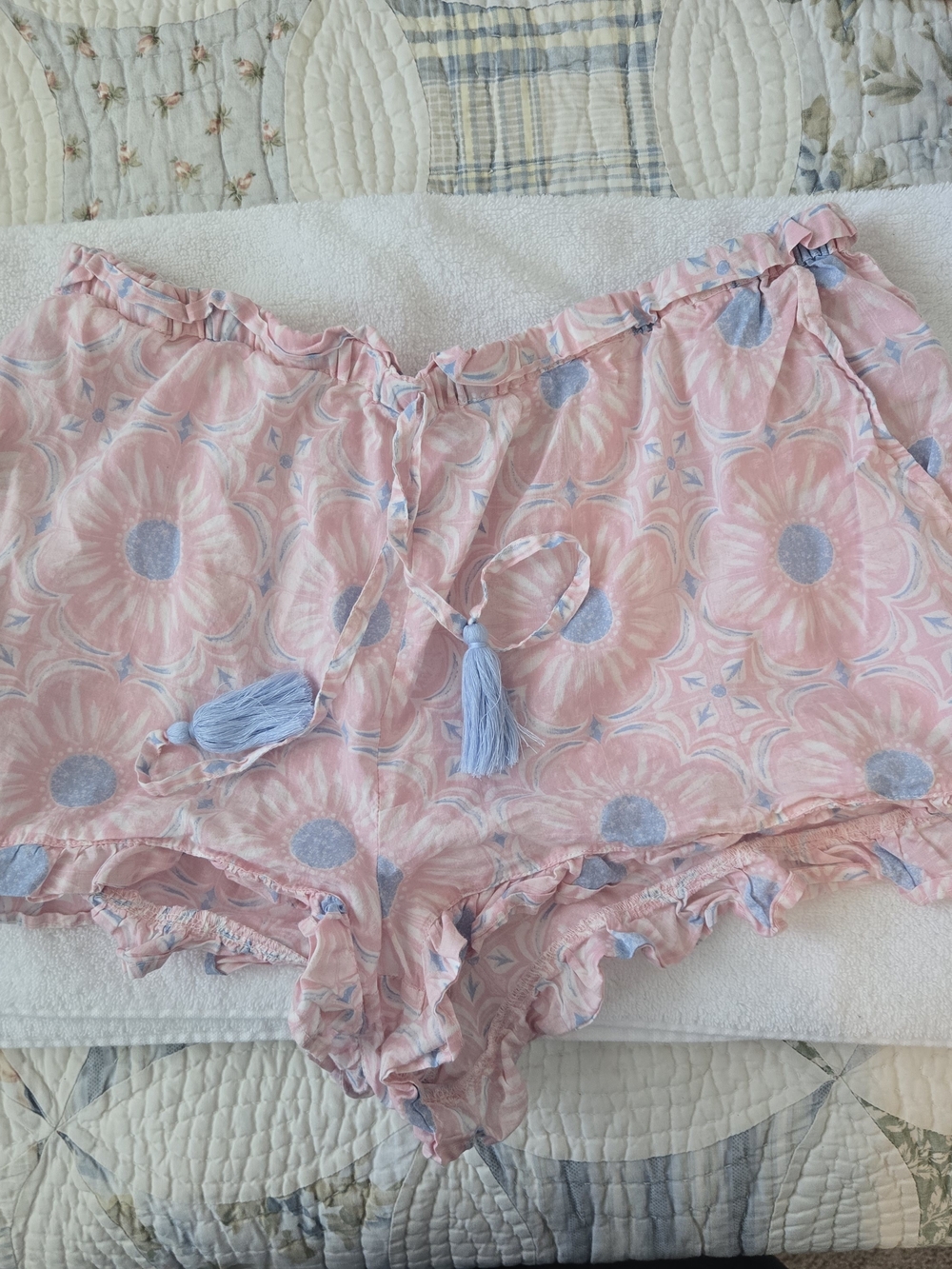 Rachel Zoe Pink Floral Ruffle Sleep Shorts with Blue Tassel